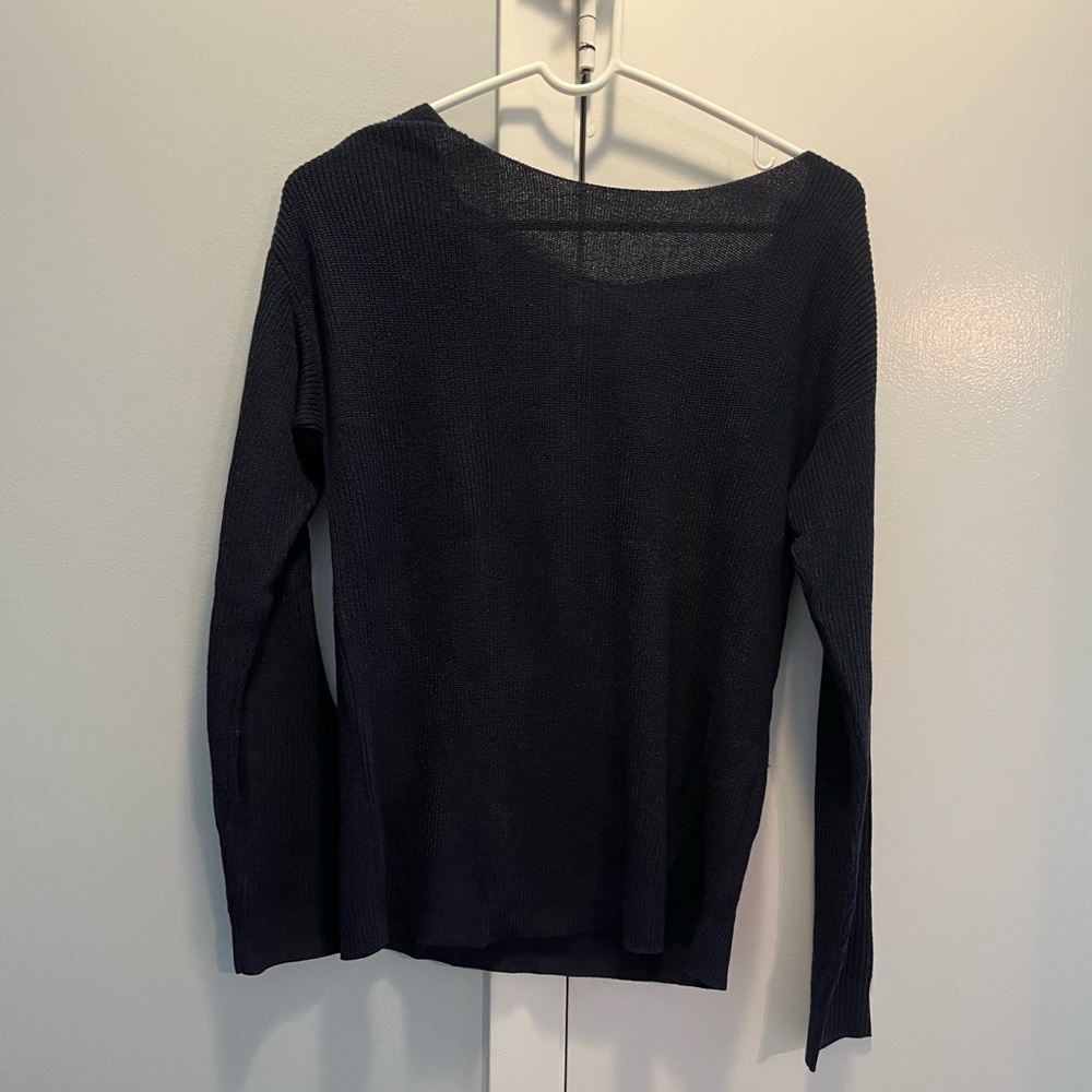 Navy ribbed-knit top with back lace up detail